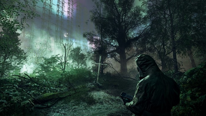 Chernobylite: A person in a hazmat suit in a forest