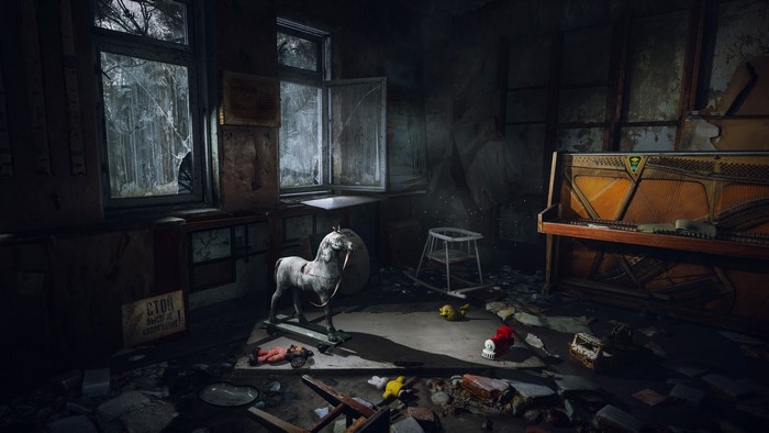 Abandoned room with piano and toys