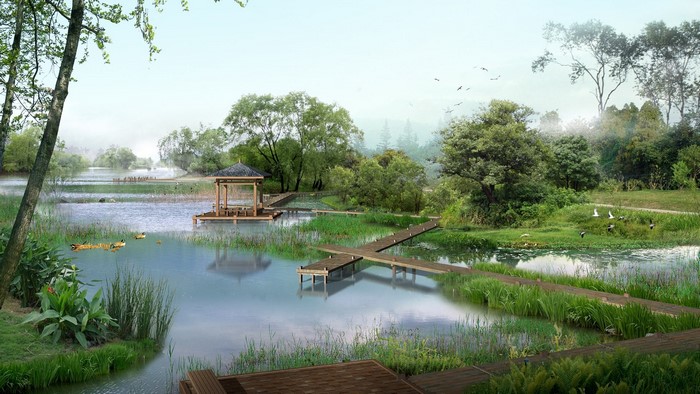 Park with lake and gazebo
