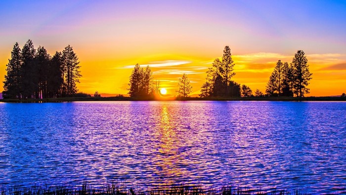 Sunset over a lake with trees