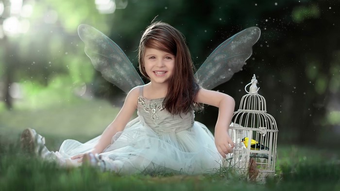 Girl with fairy wings and a birdcage