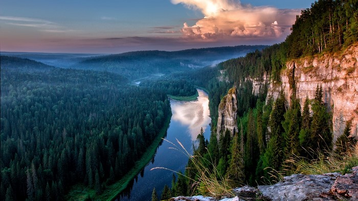 Usva River and Cliffs at Sunset