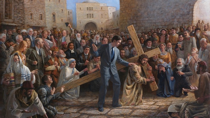 Jesus carrying the cross with historical figures