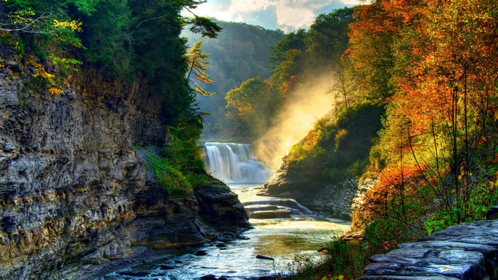 4K Rocky Waterfall in Autumn