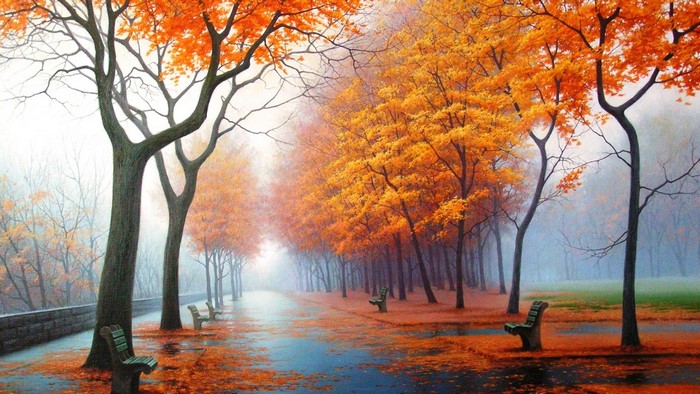 Autumn park with yellow trees and benches