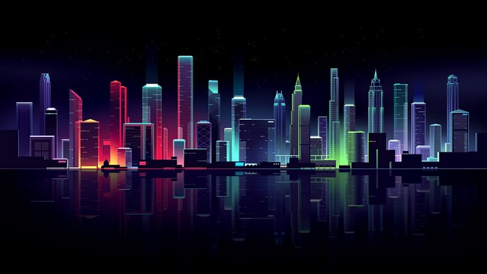 Neon Cityscape at Night with Reflections