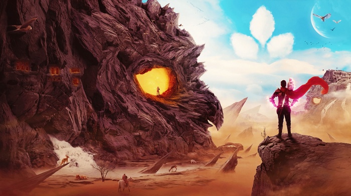 Fantasy landscape with dragon-like rock formation and figures