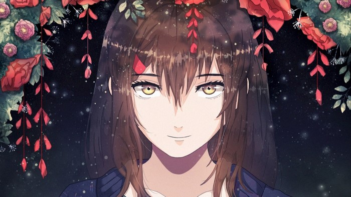 Anime girl with brown hair and yellow eyes