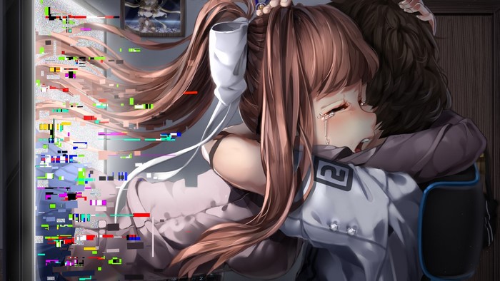 Monica from Doki Doki Literature Club crying and hugging