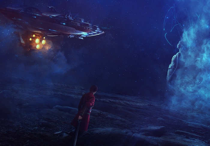 Warrior and spaceship in a surreal starry sky