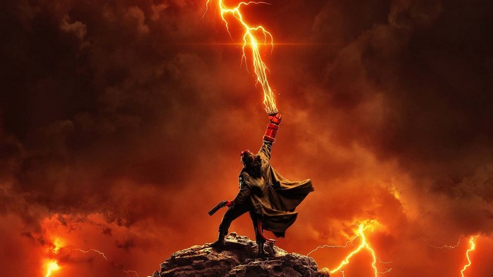 Hellboy holding lightning from Hellboy 2019