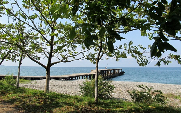 Wooden pier extending into the sea from a pebble beach
