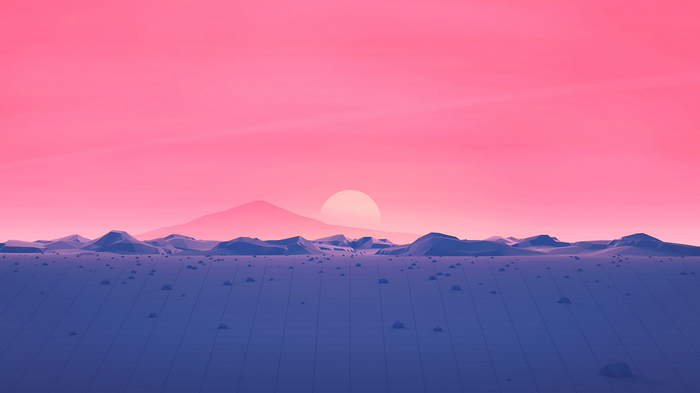 Low poly landscape with sunset over mountains