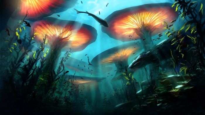 Underwater world with glowing mushrooms and fish