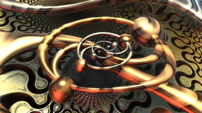 Abstract 3D fractal art with metallic spheres and rings