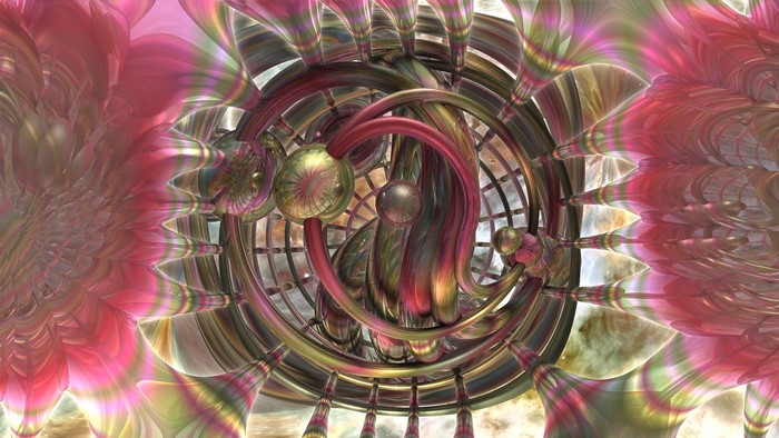 Abstract 3D fractal art with pink and green hues