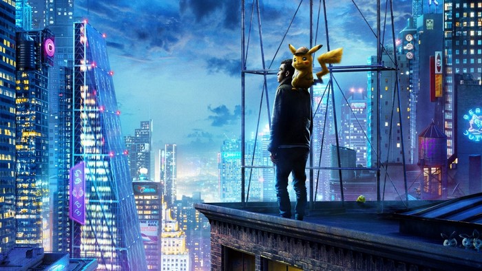 Detective Pikachu and Tim Goodman on a rooftop