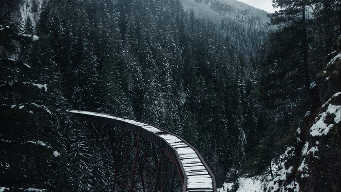 Snow-covered railway bridge in a forest