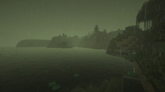 Minecraft landscape with rain and fog