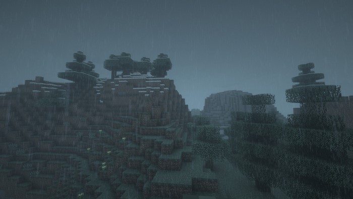 Minecraft landscape during a rainstorm