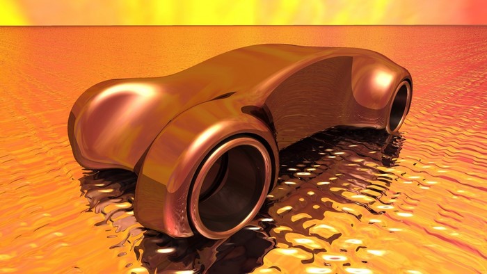 3D rendered futuristic car on a reflective surface