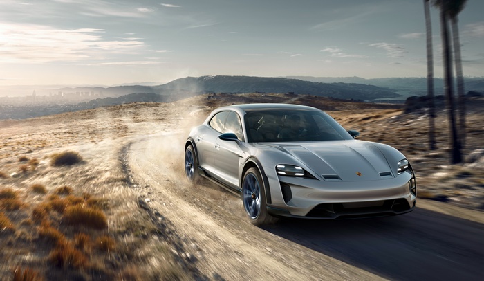 Porsche Mission E Cross Turismo on a dirt road