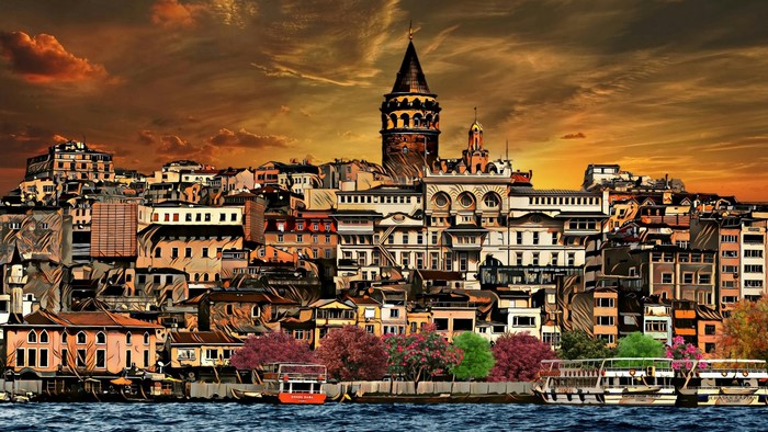 Galata Tower and Istanbul skyline at sunset