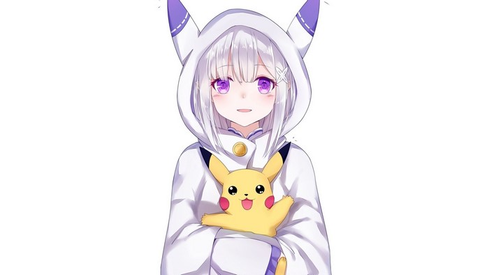 Emilia from Re:Zero wearing a Pikachu hoodie