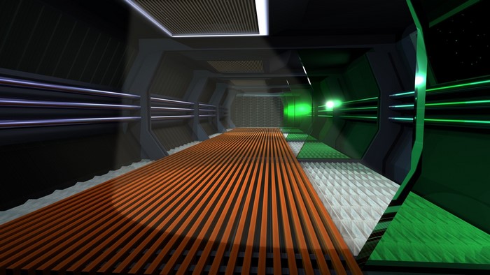 Sci-fi corridor with orange and green lighting