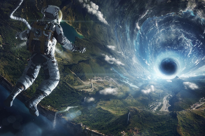 Astronaut floating near a black hole over a planet