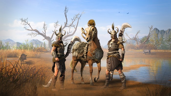 Two warriors and a skeletal horse in Assassin's Creed Odyssey