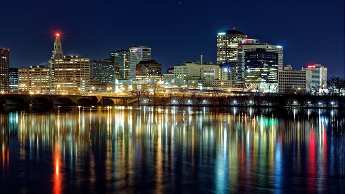 4K Hartford Skyline at Night with River Reflection