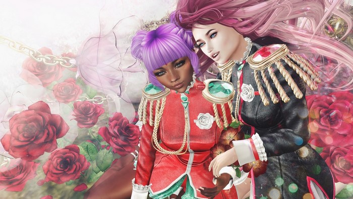 Two fantasy girls in military-style outfits with roses