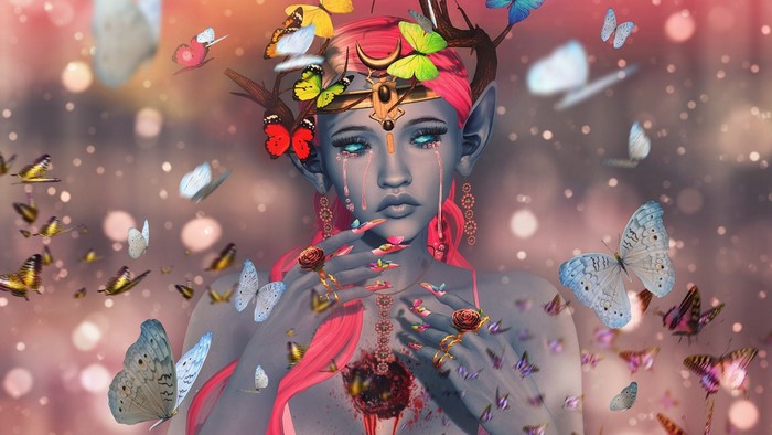 Fantasy elf girl with butterflies and open chest