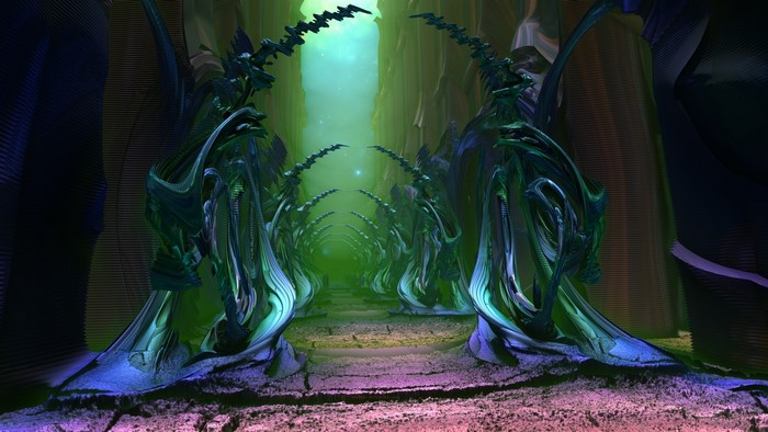 3D fractal landscape with glowing green tunnel