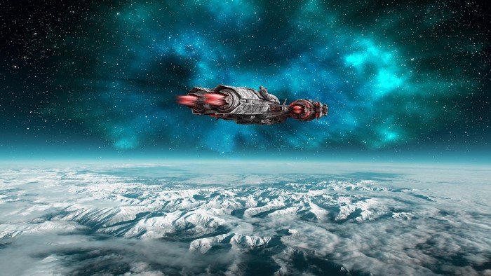 Spaceship flying over a snowy planet