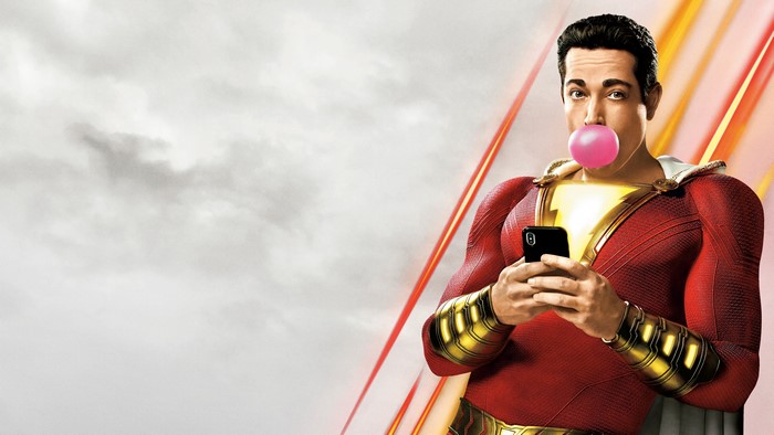 Shazam from DC Comics blowing bubblegum