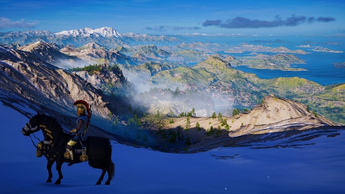 A warrior on horseback surveys a mountainous landscape