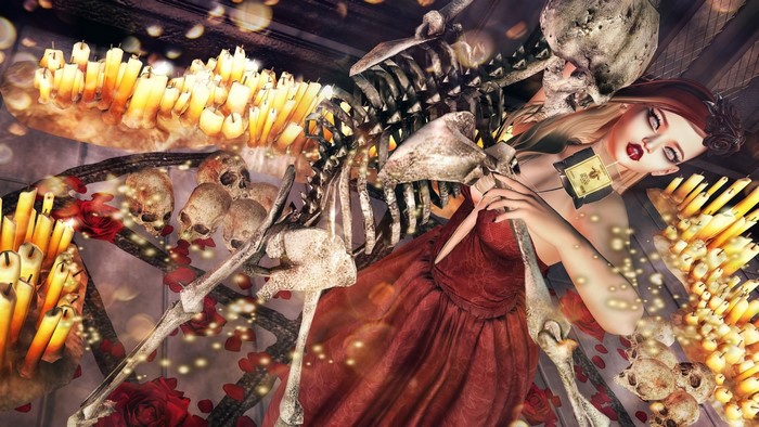 3D fantasy girl with skeleton and candles