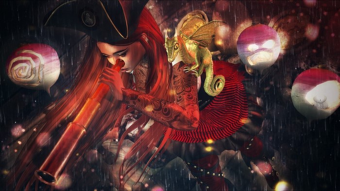 Fantasy girl with spyglass and dragon