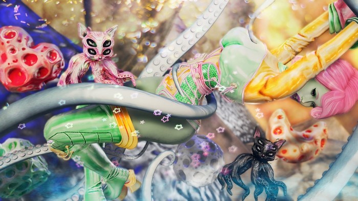 Fantasy creatures and a girl in a surreal environment