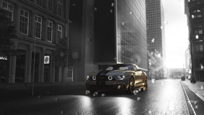 Ford Mustang from The Crew 2 on a rainy city street