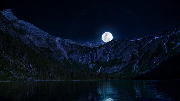 Moonlit Mountain Lake with Waterfalls