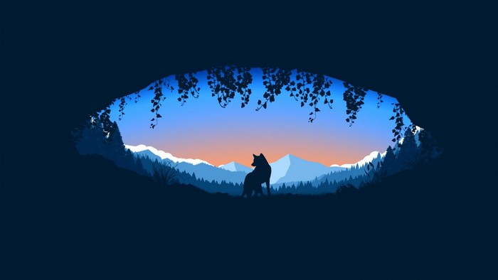 Wolf silhouette in a cave overlooking mountains at sunset