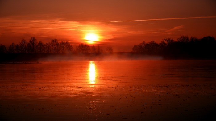 Sunrise over a misty lake with trees