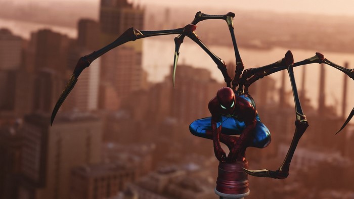 Spider-Man with mechanical arms in a city