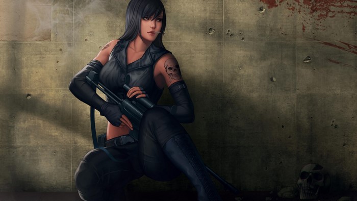 Woman with sniper rifle and skull tattoo