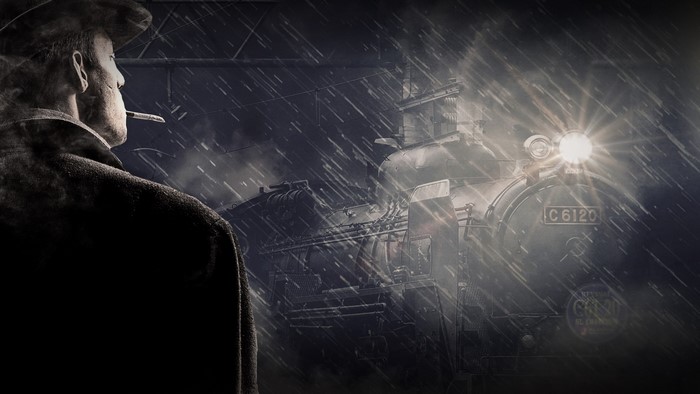 Man in hat smoking cigarette with train in rain