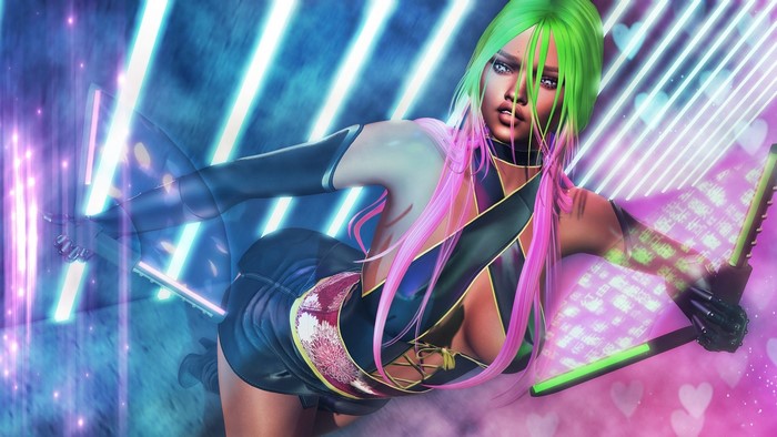 Fantasy girl with green and pink hair holding swords