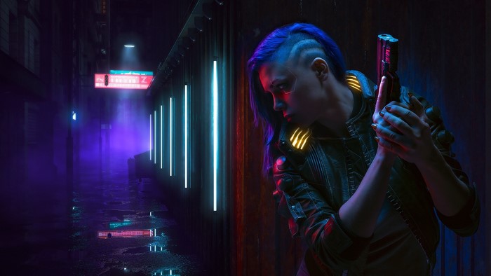 Woman with blue hair holding a gun in Cyberpunk 2077